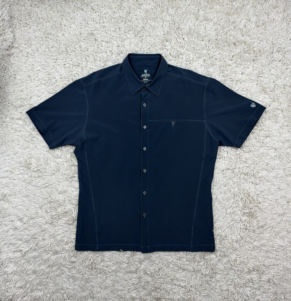 KUHL Tufflex Shirt Mens XL Navy Blue Short Sleeve Button Stretch Hiking Travel